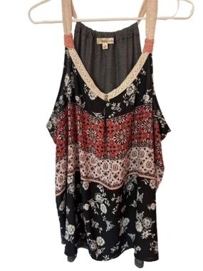 Rewind Boho Floral Mixed Print Tank Top with Lace Trim Size 2X